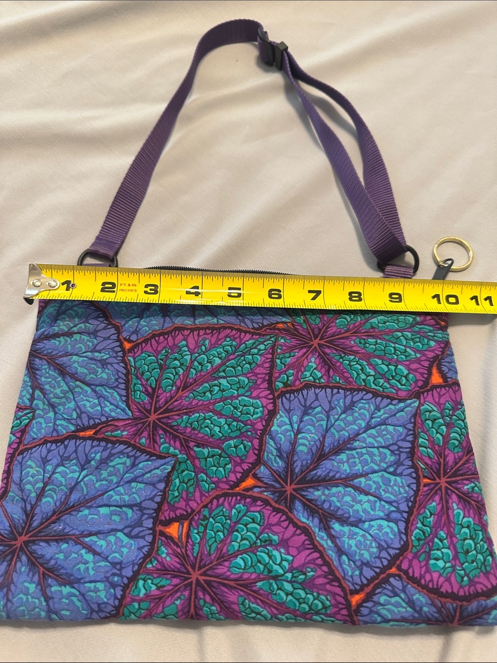 Purple Leaf-Print Crossbody Bag with Adjustable Strap